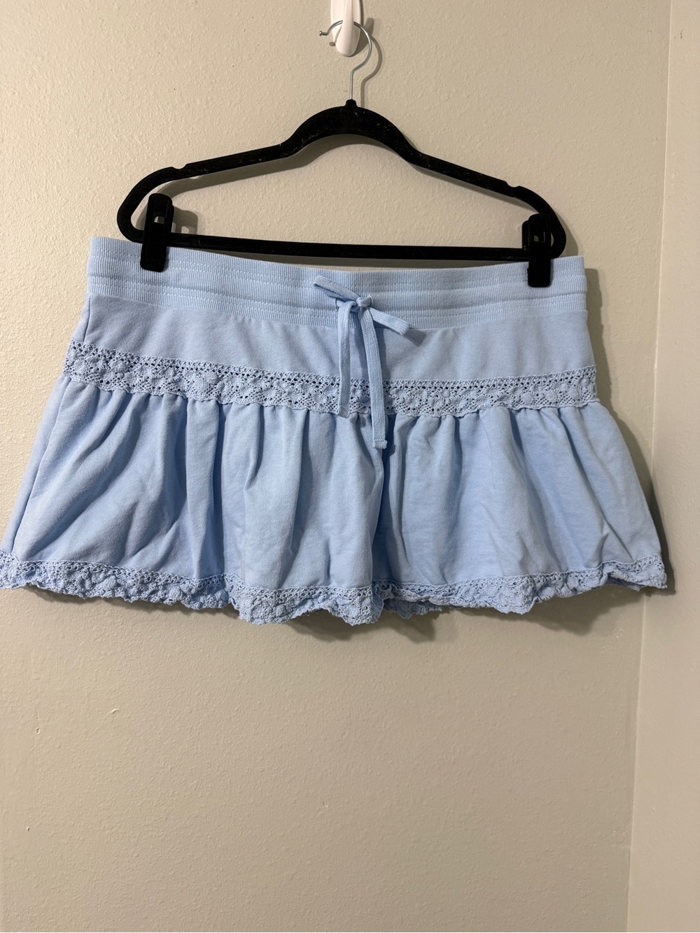 Light Blue Cotton Blend Mini Skirt / Skort Tie Waist Crochet Lace Details XXL
